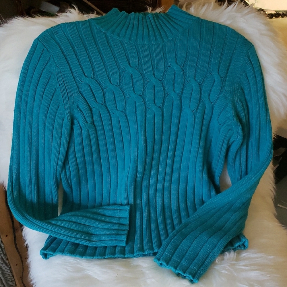 Teal Blue Cotton Cowl Neck Sweater
